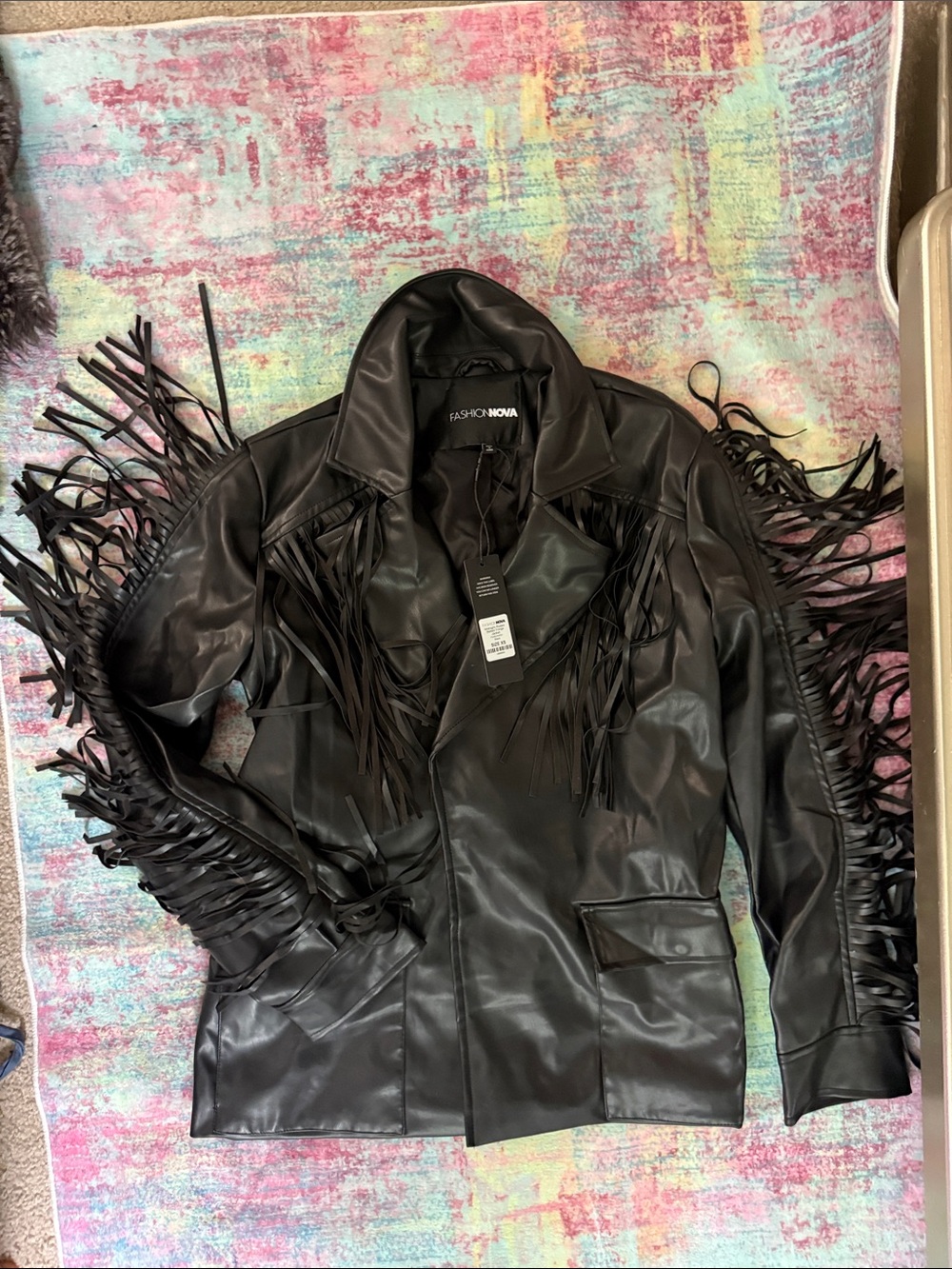 Fashion Nova Black Faux Leather Fringe Blazer Jacket